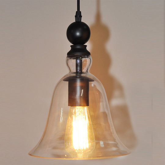 Black Single Ceiling Pendant Lamp Rustic Bell Clear Glass Suspended Lighting Fixture