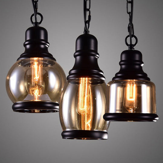 Industrial Smoky Grey Glass Pendant Light Kit - Black Globe/Bottle/Oval Drop Design For Kitchen