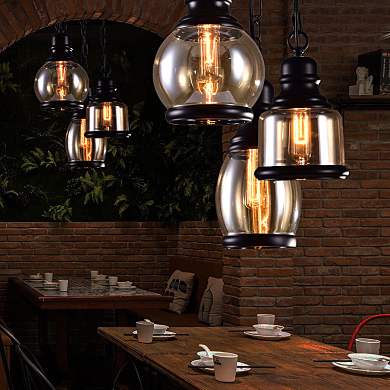 Industrial Smoky Grey Glass Pendant Light Kit - Black Globe/Bottle/Oval Drop Design For Kitchen