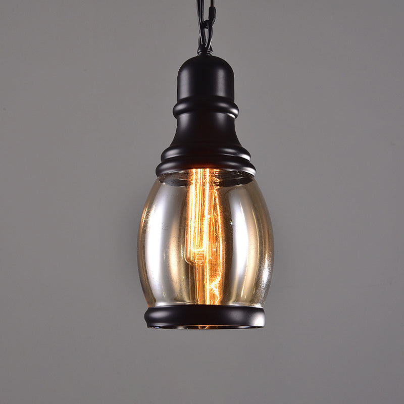 Industrial Smoky Grey Glass Pendant Light Kit - Black Globe/Bottle/Oval Drop Design For Kitchen