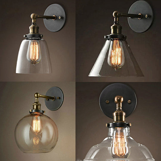 Industrial Clear Glass Wall Light Kit With Adjustable Joint - Black-Brass Finish