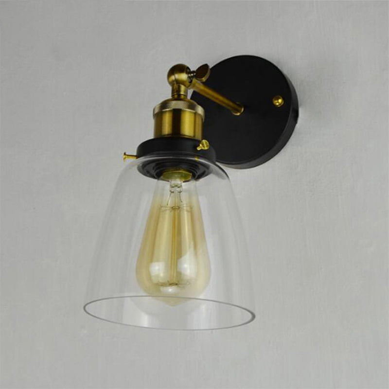 Rotatable Wall Lamp - Warehouse Cloche With 1 Head Transparent Glass Shade In Black And Brass/Black