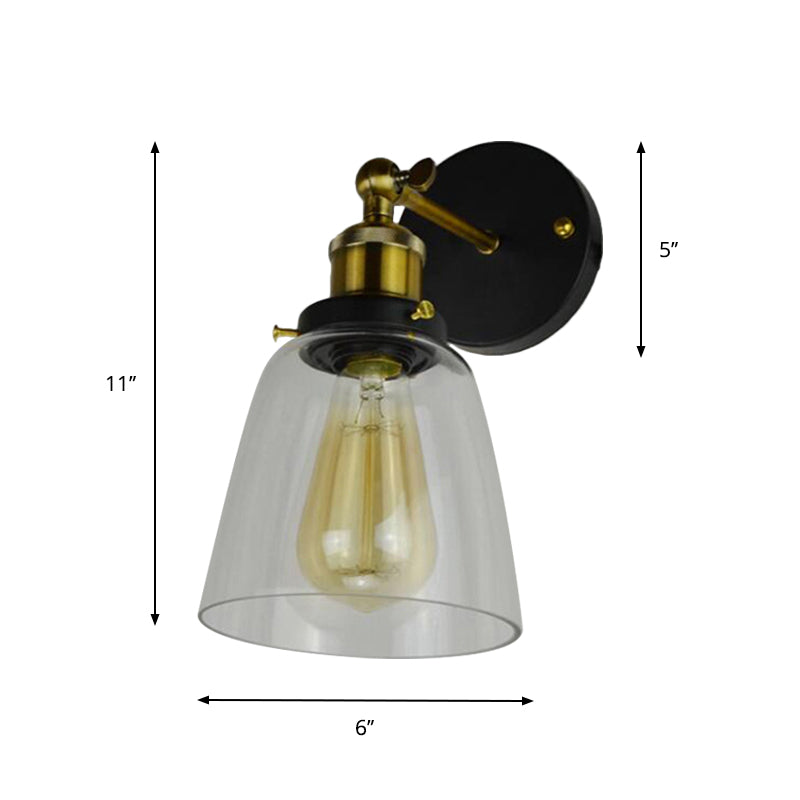 Rotatable Wall Lamp - Warehouse Cloche With 1 Head Transparent Glass Shade In Black And Brass/Black