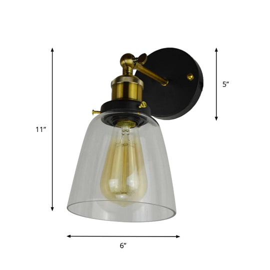 Rotatable Wall Lamp - Warehouse Cloche With 1 Head Transparent Glass Shade In Black And Brass/Black