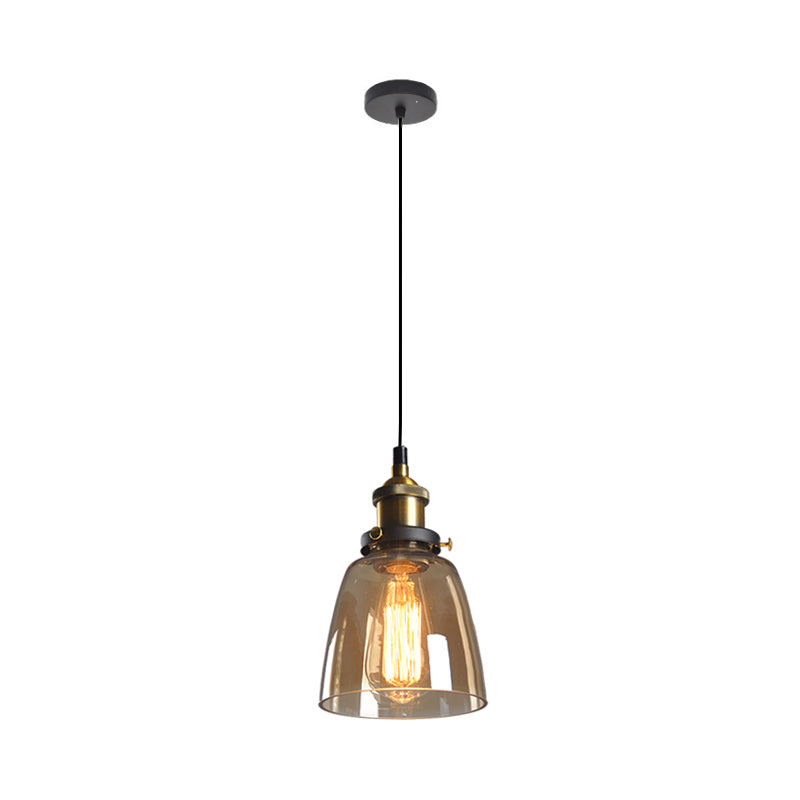 Single-Bulb Rustic Brass Bell Pendant Light With Clear/Amber/Smoke Grey Glass For Bedroom Hanging