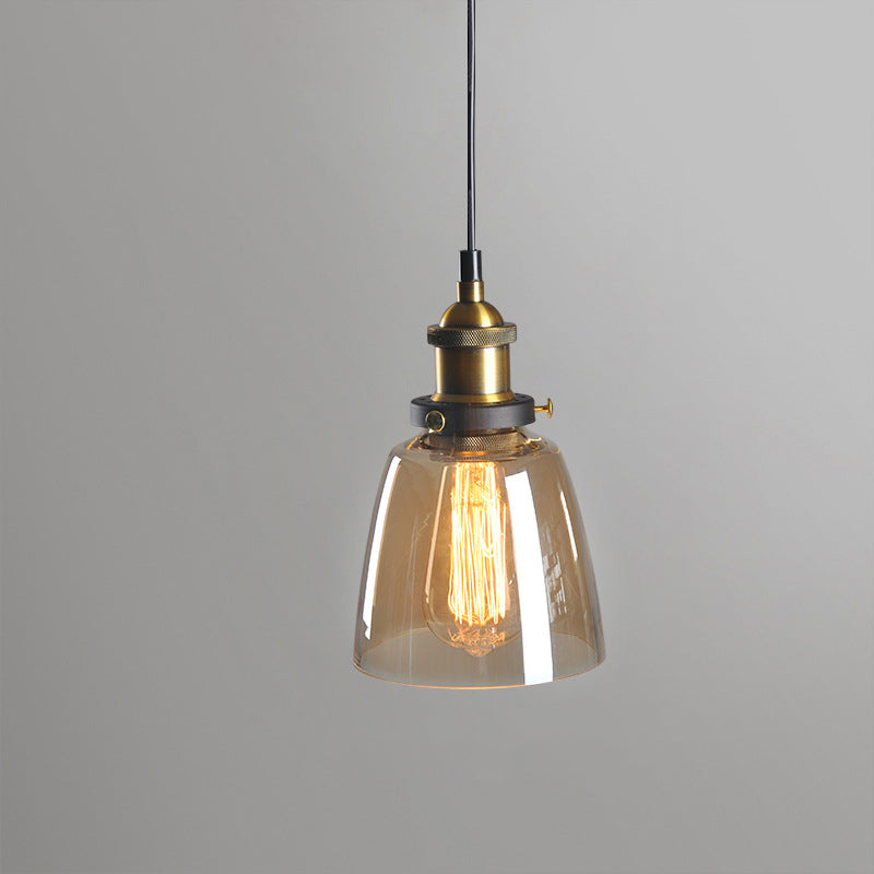 Rustic Brass Single-Bulb Bell Pendulum Light with Clear, Amber, and Smoke Grey Glass - Bedroom Hanging Pendant