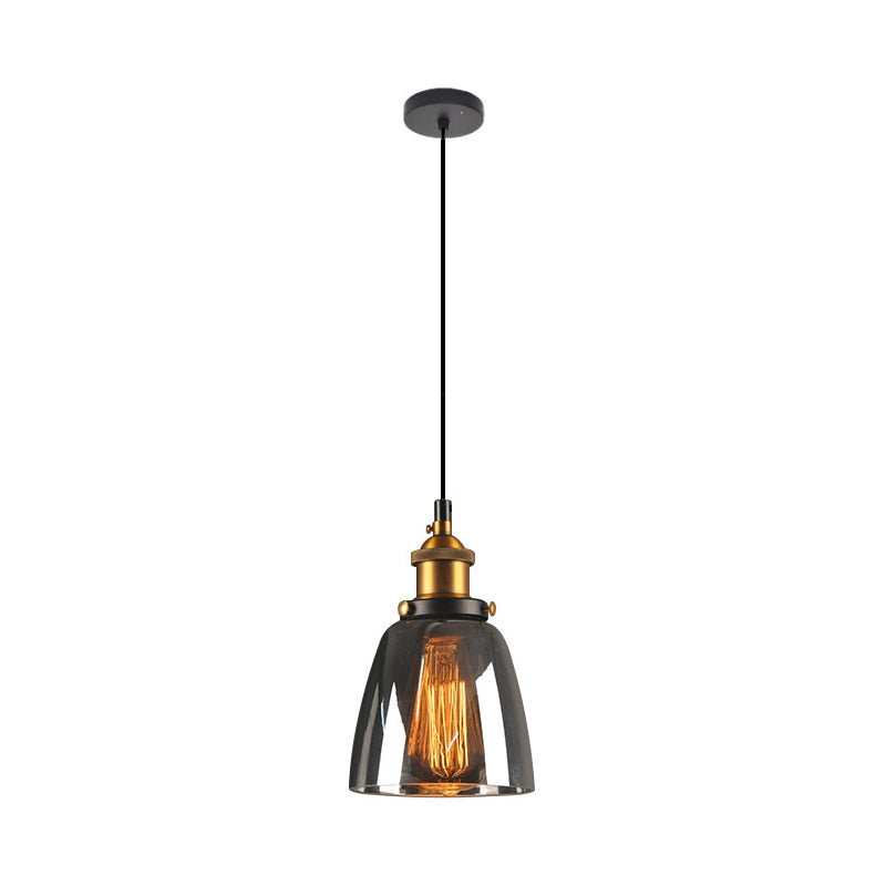 Single-Bulb Rustic Brass Bell Pendant Light With Clear/Amber/Smoke Grey Glass For Bedroom Hanging