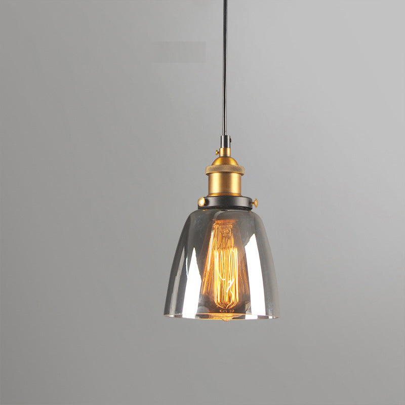 Rustic Brass Single-Bulb Bell Pendulum Light with Clear, Amber, and Smoke Grey Glass - Bedroom Hanging Pendant