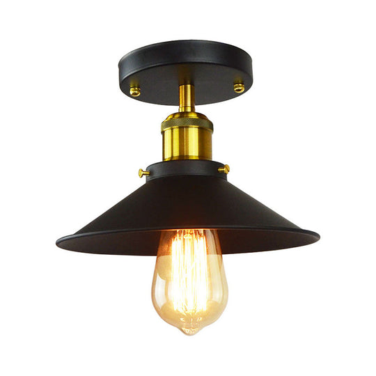 Industrial Iron Semi-Mount Foyer Ceiling Lamp - Flared Shade, 1-Light Black and Brass