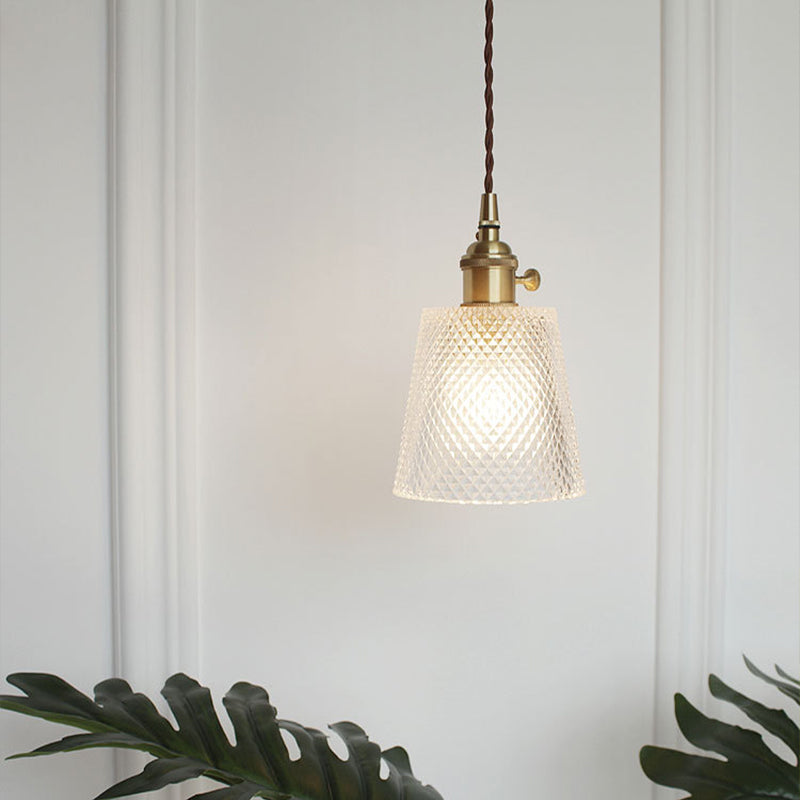 Antique Clear Glass Hanging Brass Pendant Light Fixture With Lattice/Grid Design - Ideal For Dining