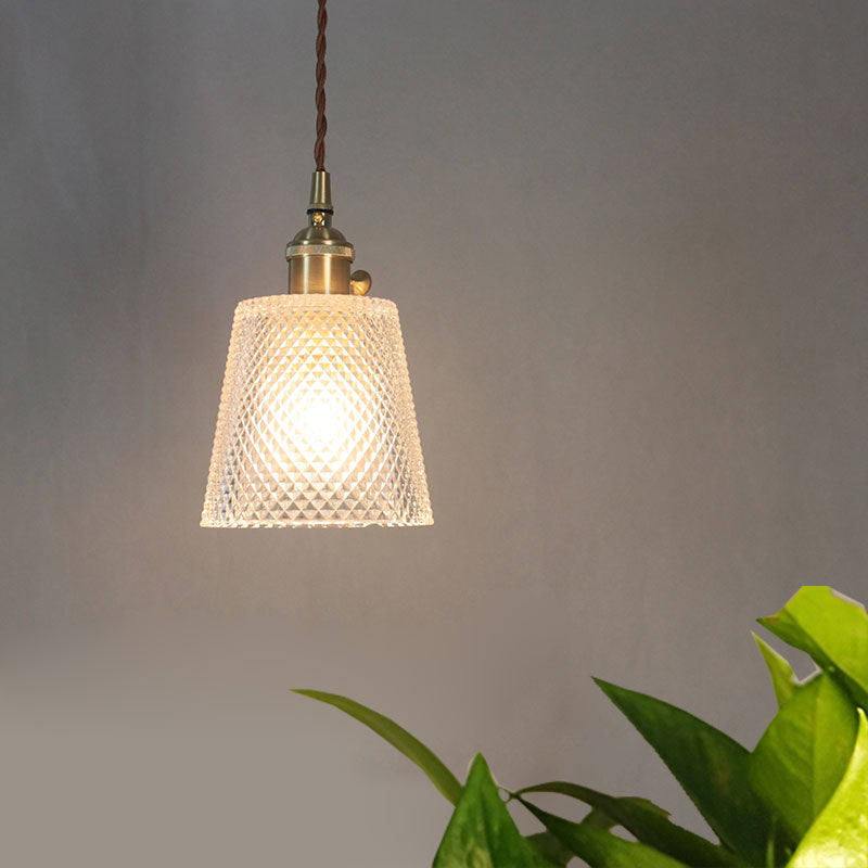 Antique Clear Glass Hanging Brass Pendant Light Fixture With Lattice/Grid Design - Ideal For Dining