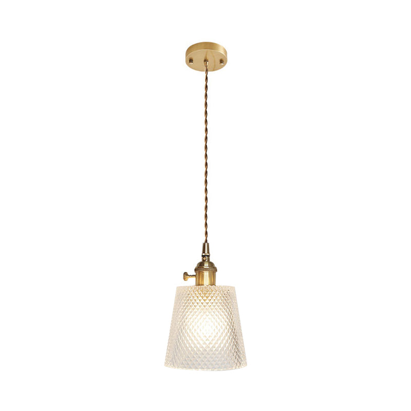 Antique Clear Glass Hanging Brass Pendant Light Fixture With Lattice/Grid Design - Ideal For Dining