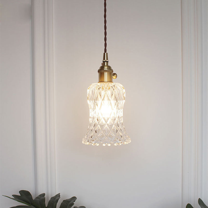 Antique Clear Glass Hanging Brass Pendant Light Fixture With Lattice/Grid Design - Ideal For Dining