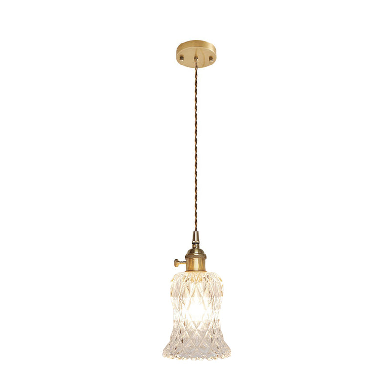 Antique Clear Glass Hanging Brass Pendant Light Fixture With Lattice/Grid Design - Ideal For Dining