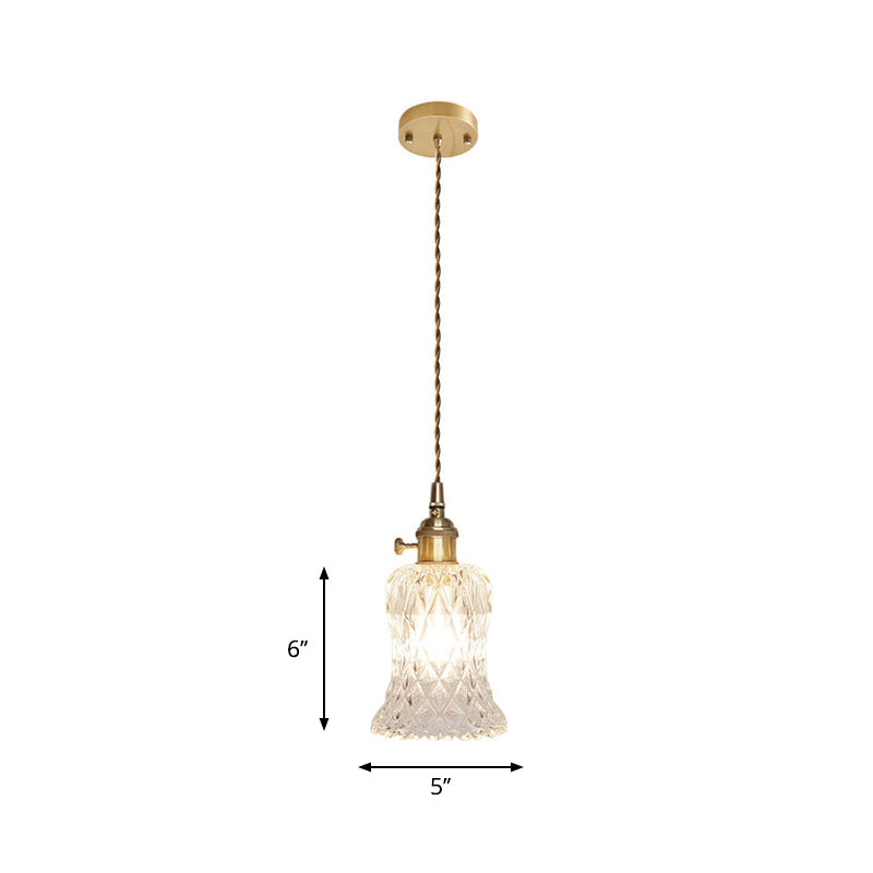 Antique Clear Glass Hanging Brass Pendant Light Fixture With Lattice/Grid Design - Ideal For Dining