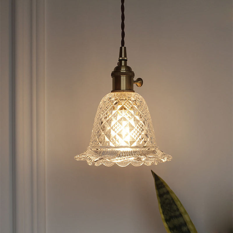 Antique Clear Glass Hanging Brass Pendant Light Fixture With Lattice/Grid Design - Ideal For Dining