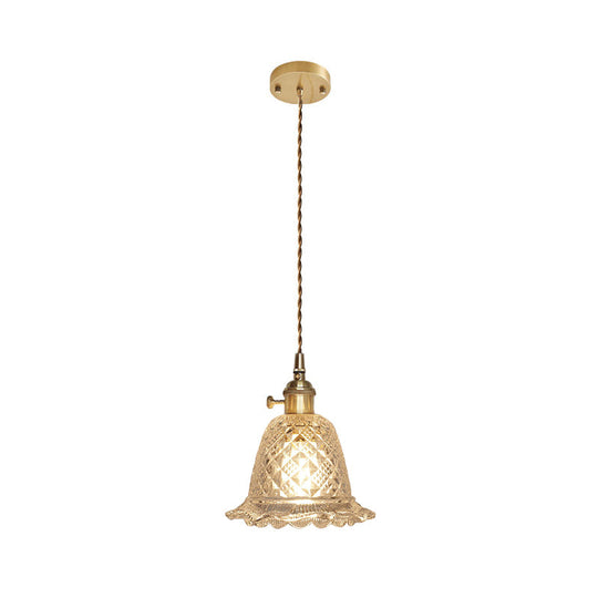 Antique Clear Glass Hanging Brass Pendant Light Fixture With Lattice/Grid Design - Ideal For Dining