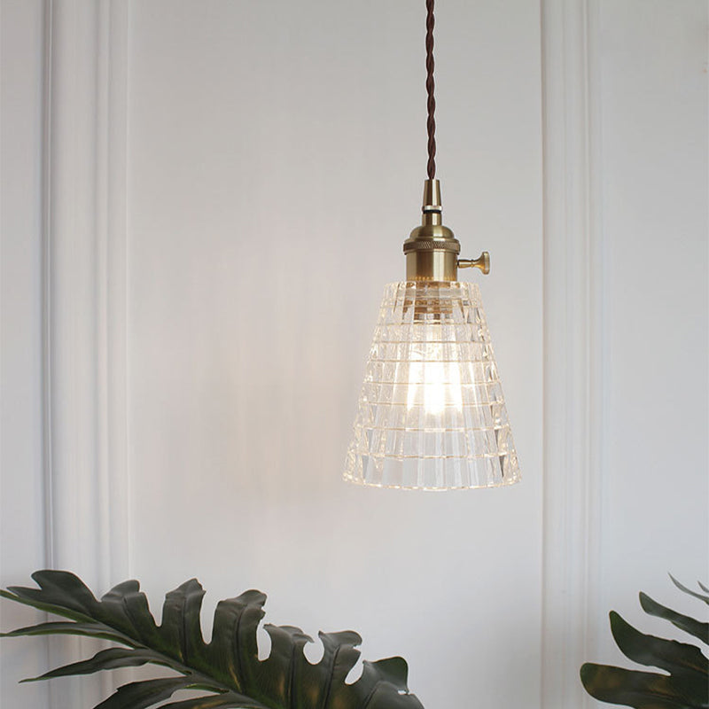 Antique Clear Glass Hanging Brass Pendant Light Fixture With Lattice/Grid Design - Ideal For Dining