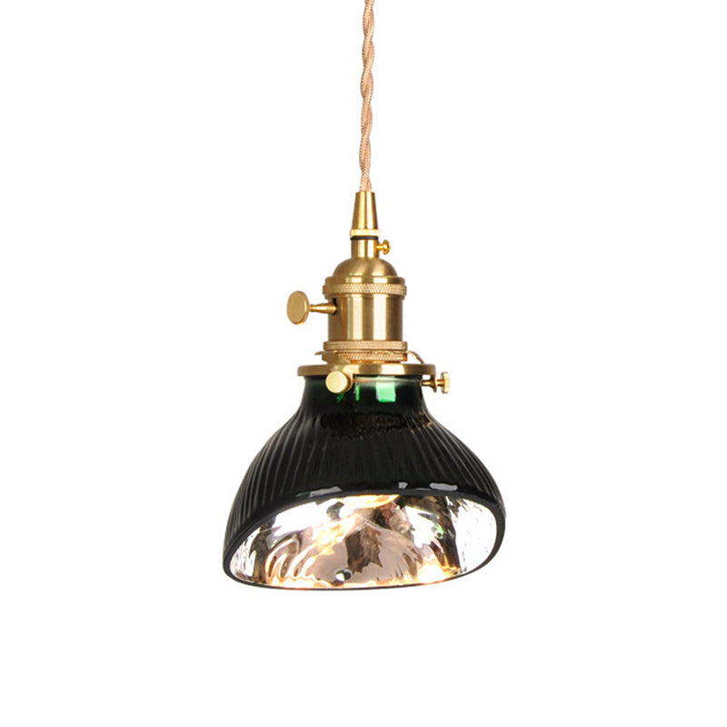 Vintage Brass Green Glass Pendant Light With Rotary Switch