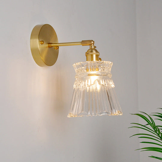 Industrial Wall Mounted Swing Arm Reading Light With Blossom/Bowl Clear Glass Shade - Iron Brass