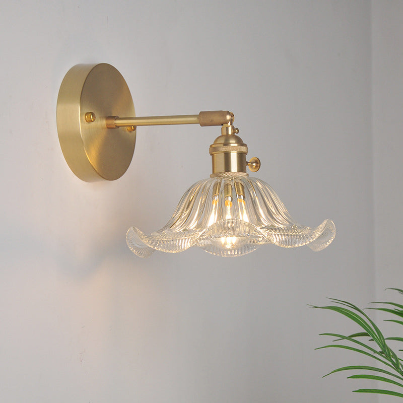 Industrial Wall Mounted Swing Arm Reading Light With Blossom/Bowl Clear Glass Shade - Iron Brass