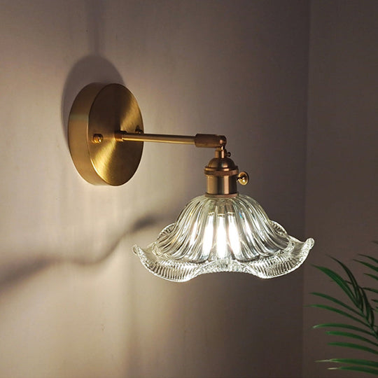 Industrial Wall Mounted Swing Arm Reading Light With Blossom/Bowl Clear Glass Shade - Iron Brass