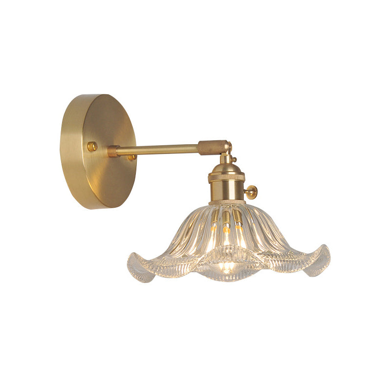 Industrial Wall Mounted Swing Arm Reading Light With Blossom/Bowl Clear Glass Shade - Iron Brass