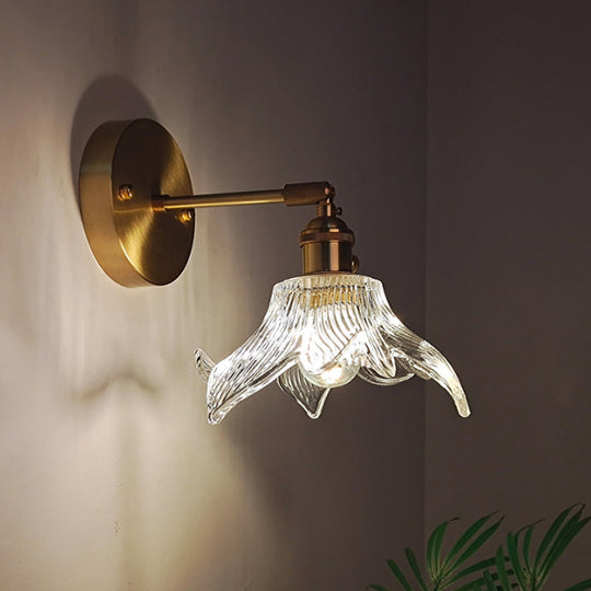 Industrial Wall Mounted Swing Arm Reading Light With Blossom/Bowl Clear Glass Shade - Iron Brass