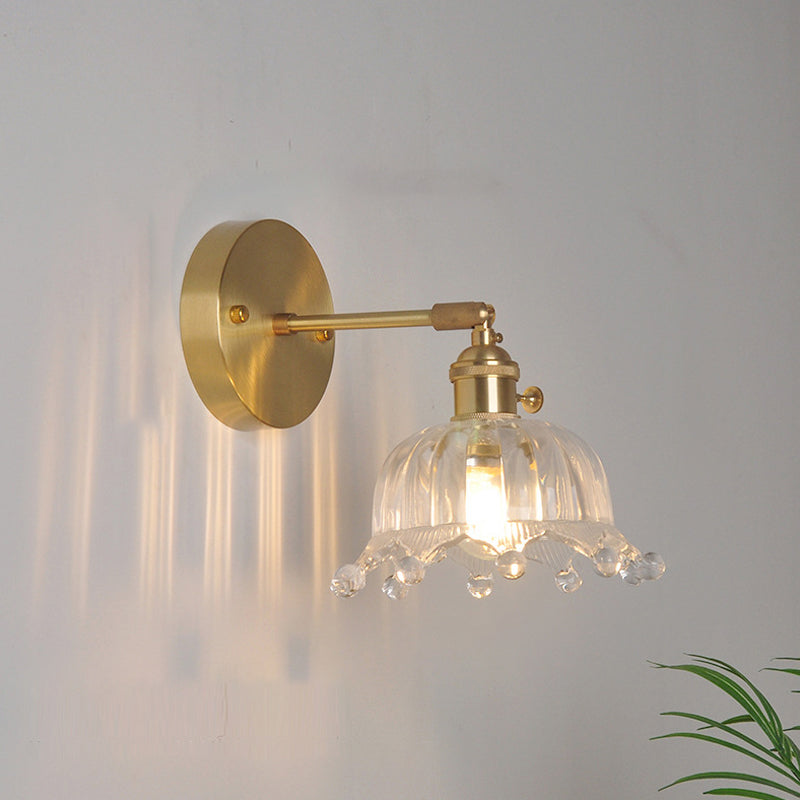 Industrial Wall Mounted Swing Arm Reading Light With Blossom/Bowl Clear Glass Shade - Iron Brass