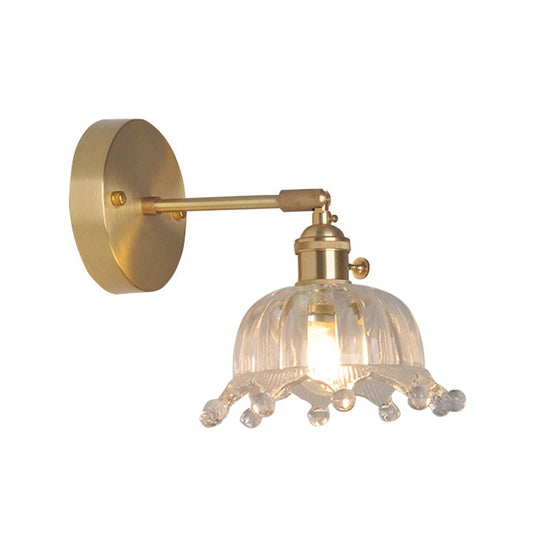 Industrial Wall Mounted Swing Arm Reading Light With Blossom/Bowl Clear Glass Shade - Iron Brass