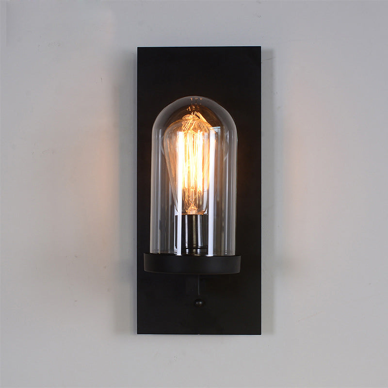 Retro Metal Wall Sconce With Clear Cloche Glass Shade - Black Rectangular Design