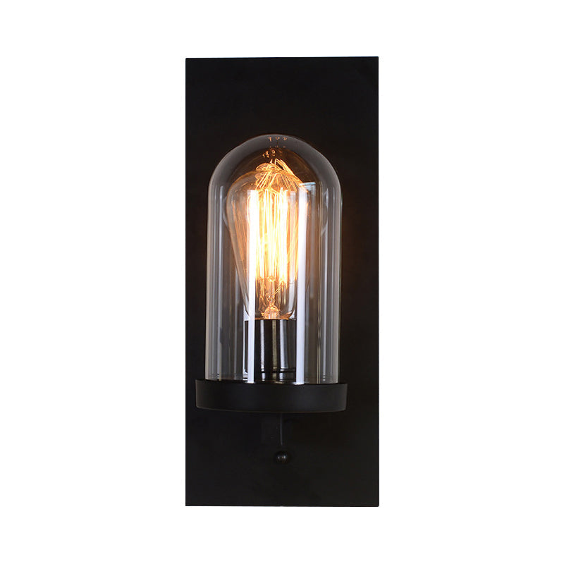 Retro Metal Wall Sconce With Clear Cloche Glass Shade - Black Rectangular Design