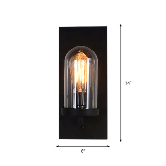 Retro Metal Wall Sconce With Clear Cloche Glass Shade - Black Rectangular Design