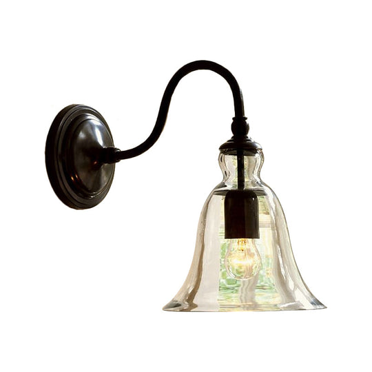 Vintage Gooseneck Wall Mount Light With Single Clear Flared Glass Shade In Black