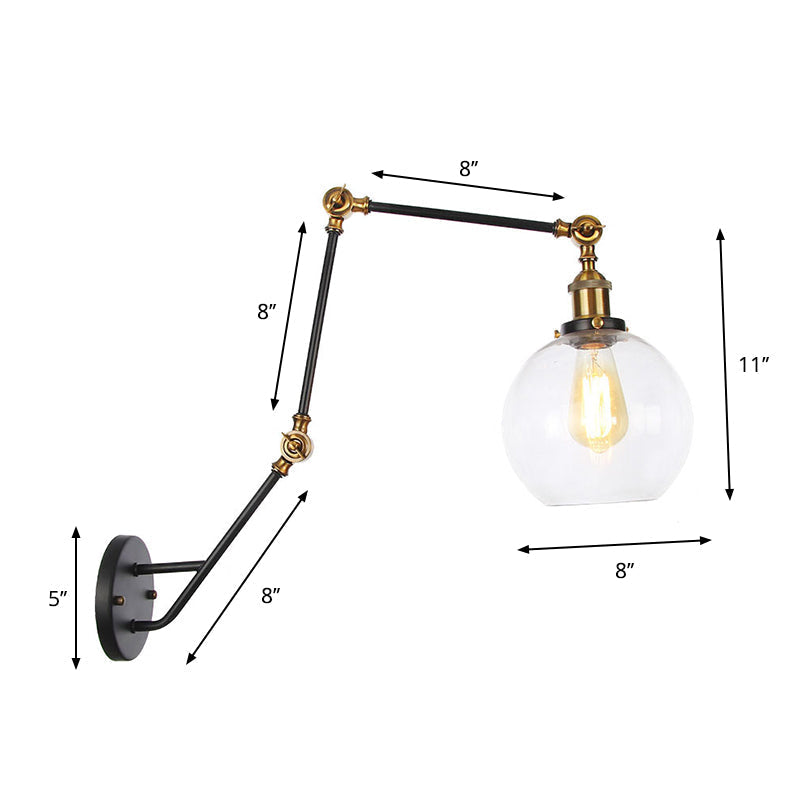 Adjustable Industrial Wall Lamp With Clear Glass Shade - 1 Head Bedroom Reading Light