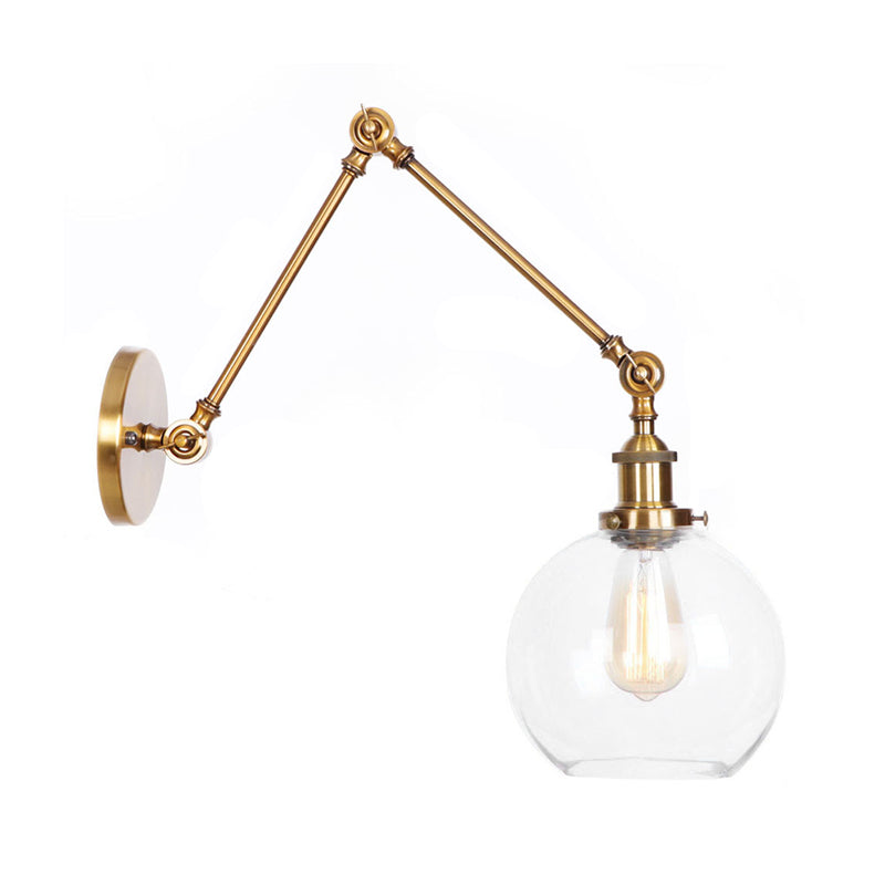 Swing Arm Clear Glass Wall Light Fixture With Brass/Bronze Finish - 1-Light Task Lamp Bell/Ball