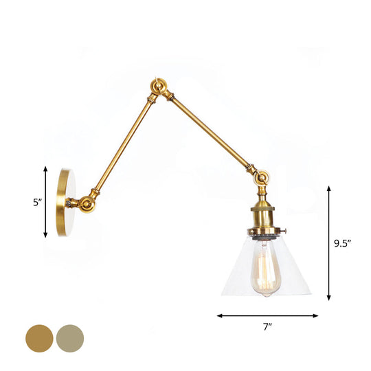 Swing Arm Clear Glass Wall Light Fixture With Brass/Bronze Finish - 1-Light Task Lamp Bell/Ball