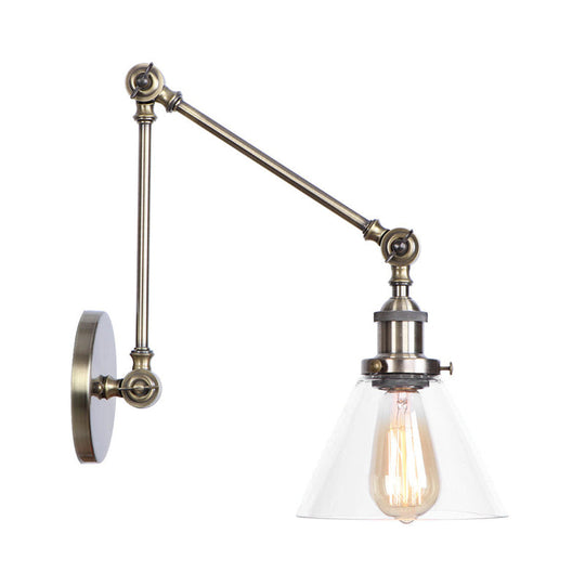 Swing Arm Clear Glass Wall Light Fixture With Brass/Bronze Finish - 1-Light Task Lamp Bell/Ball