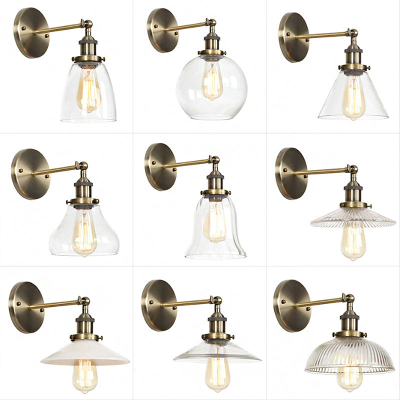 Industrial Clear Glass Wall Light With Brass Cone/Bell Swivel Shade - Single Dining Room Mount