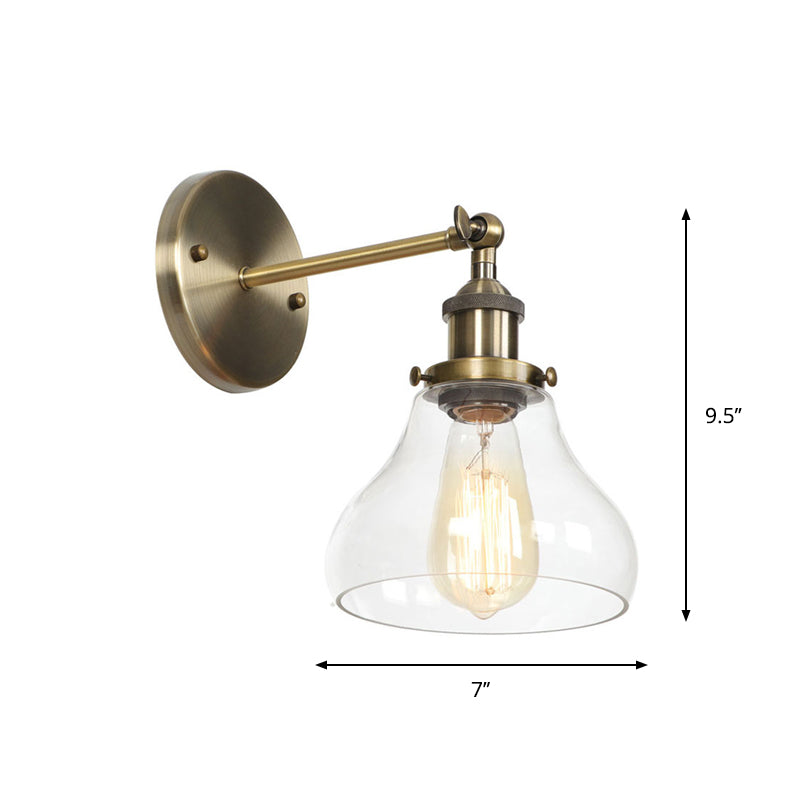 Industrial Clear Glass Wall Light With Brass Cone/Bell Swivel Shade - Single Dining Room Mount