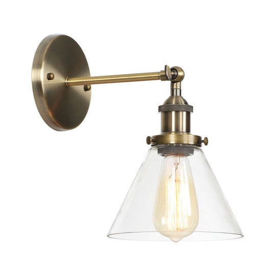 Industrial Clear Glass Wall Light With Brass Cone/Bell Swivel Shade - Single Dining Room Mount