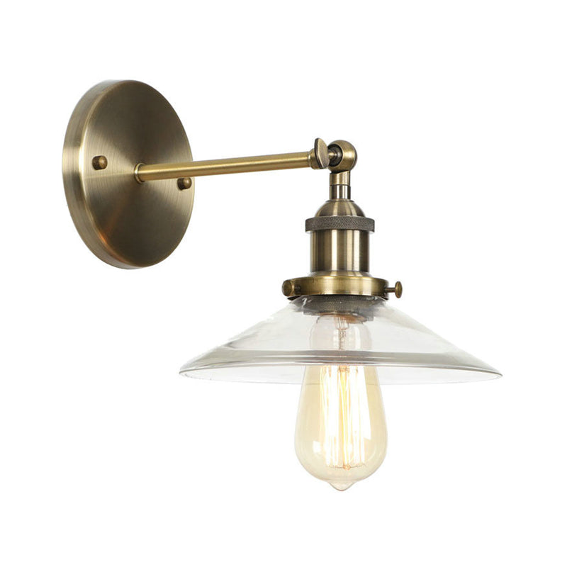 Industrial Clear Glass Wall Light With Brass Cone/Bell Swivel Shade - Single Dining Room Mount