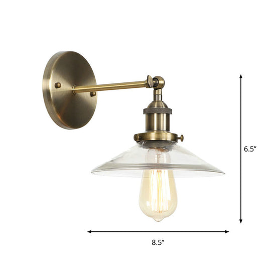 Industrial Clear Glass Wall Light With Brass Cone/Bell Swivel Shade - Single Dining Room Mount