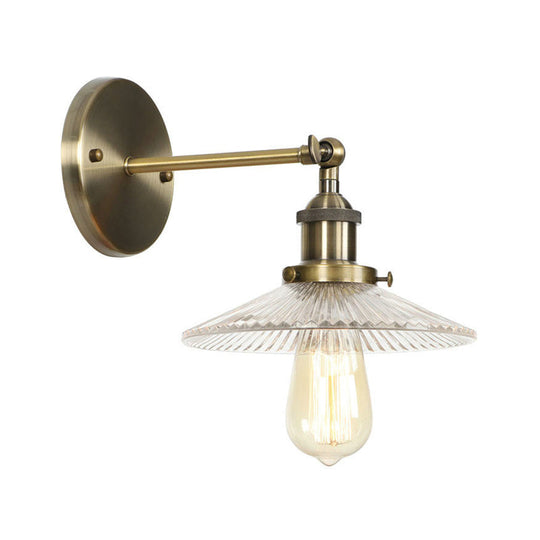 Industrial Clear Glass Wall Light With Brass Cone/Bell Swivel Shade - Single Dining Room Mount