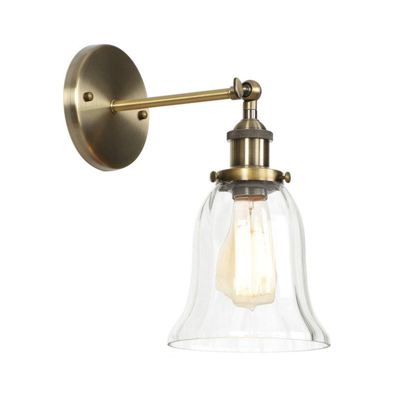 Industrial Clear Glass Wall Light With Brass Cone/Bell Swivel Shade - Single Dining Room Mount