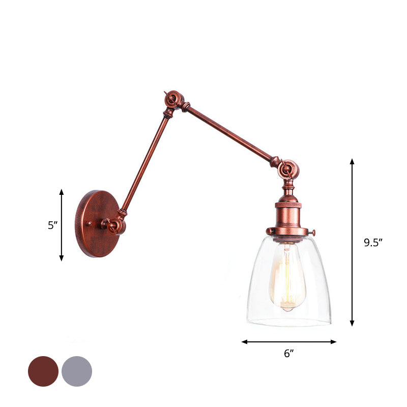 Industrial Swing Arm Wall Light With Clear Glass Conical/Bell/Global Shade In Chrome/Rust Finish