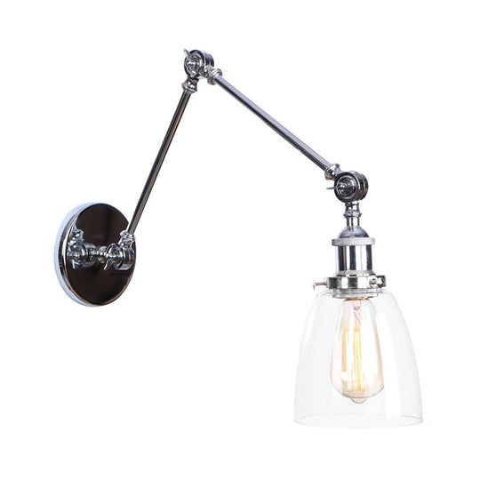 Industrial Swing Arm Wall Light With Clear Glass Conical/Bell/Global Shade In Chrome/Rust Finish