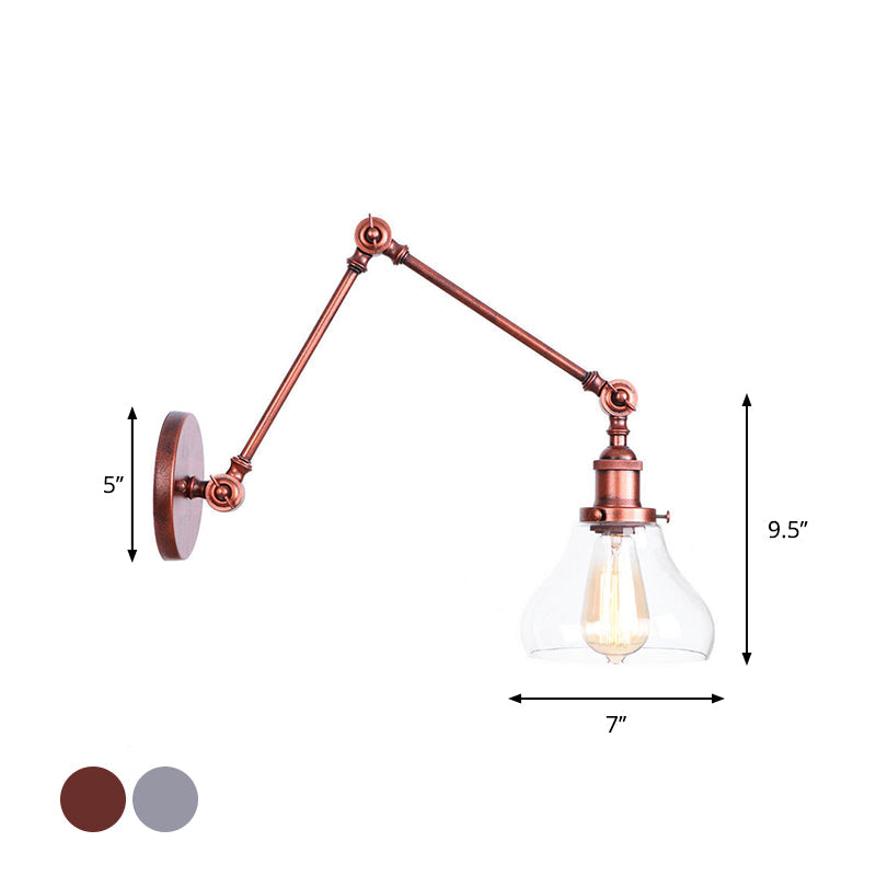 Industrial Swing Arm Wall Light With Clear Glass Conical/Bell/Global Shade In Chrome/Rust Finish