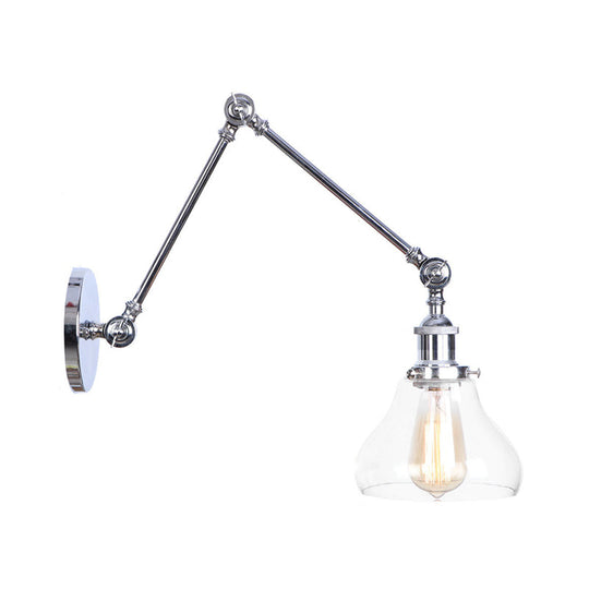 Industrial Swing Arm Wall Light With Clear Glass Conical/Bell/Global Shade In Chrome/Rust Finish