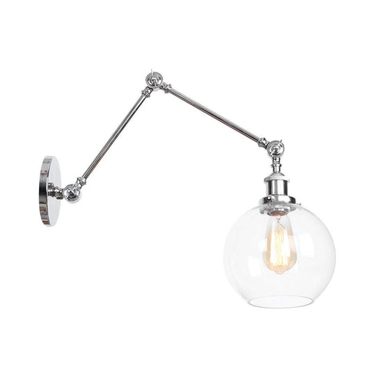 Industrial Swing Arm Wall Light With Clear Glass Conical/Bell/Global Shade In Chrome/Rust Finish